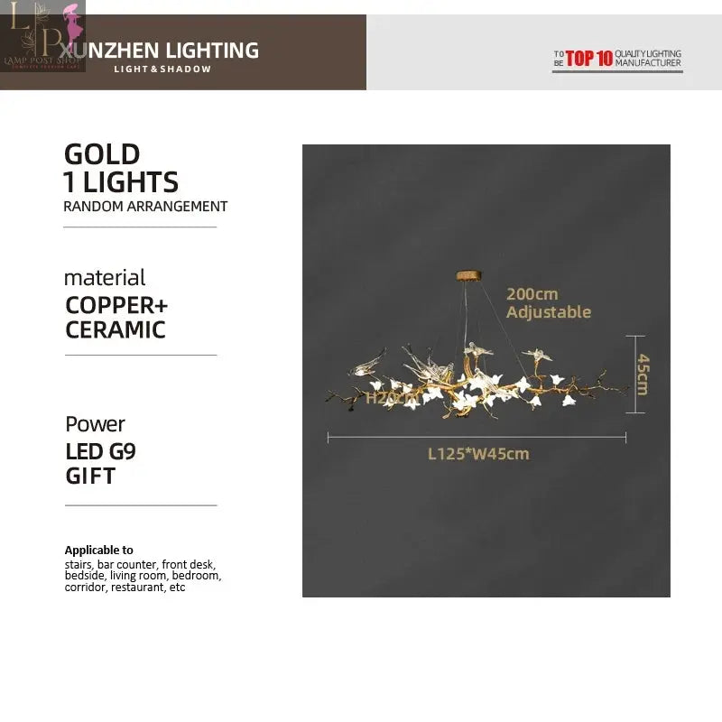 LED All Copper Light Luxury Restaurant Chandelier Creative Tea Room Swallow Chandelier Artistic Branch Shaped Living Room Light Lamp Post